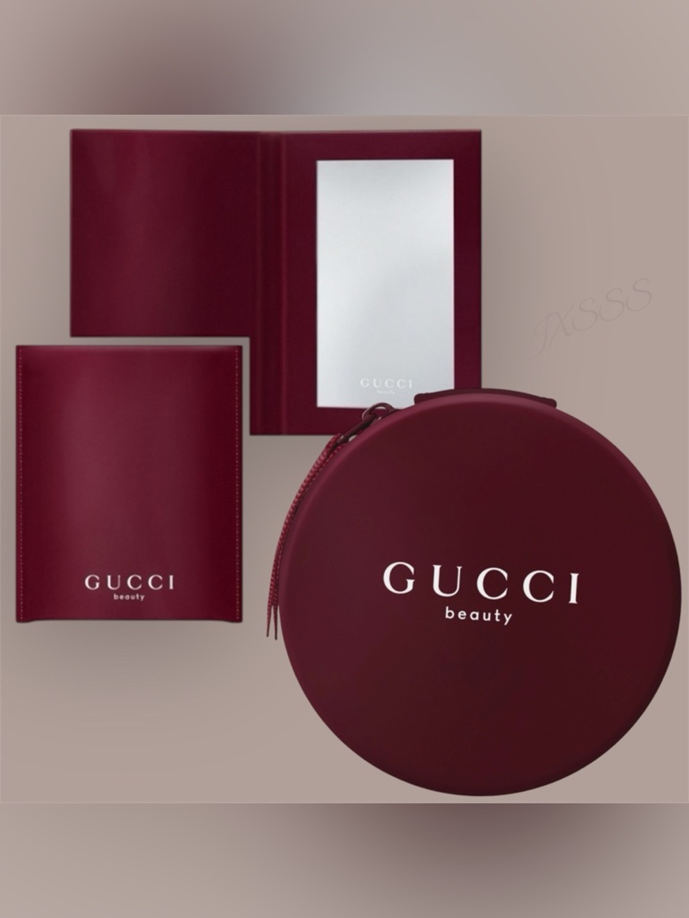Burgundy Gucci Beauty Compact Mirror + Cosmetic-Makeup Case SET